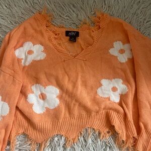 Just Polly Orange Flower Ripped Sweater Y2K (L/XL)